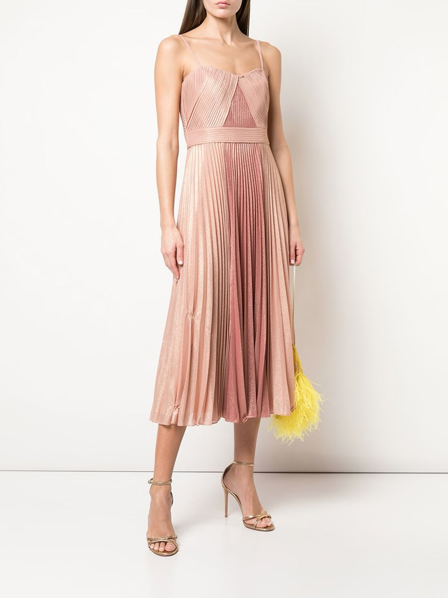 Pleated Metallic Tea Length Dress – Marchesa