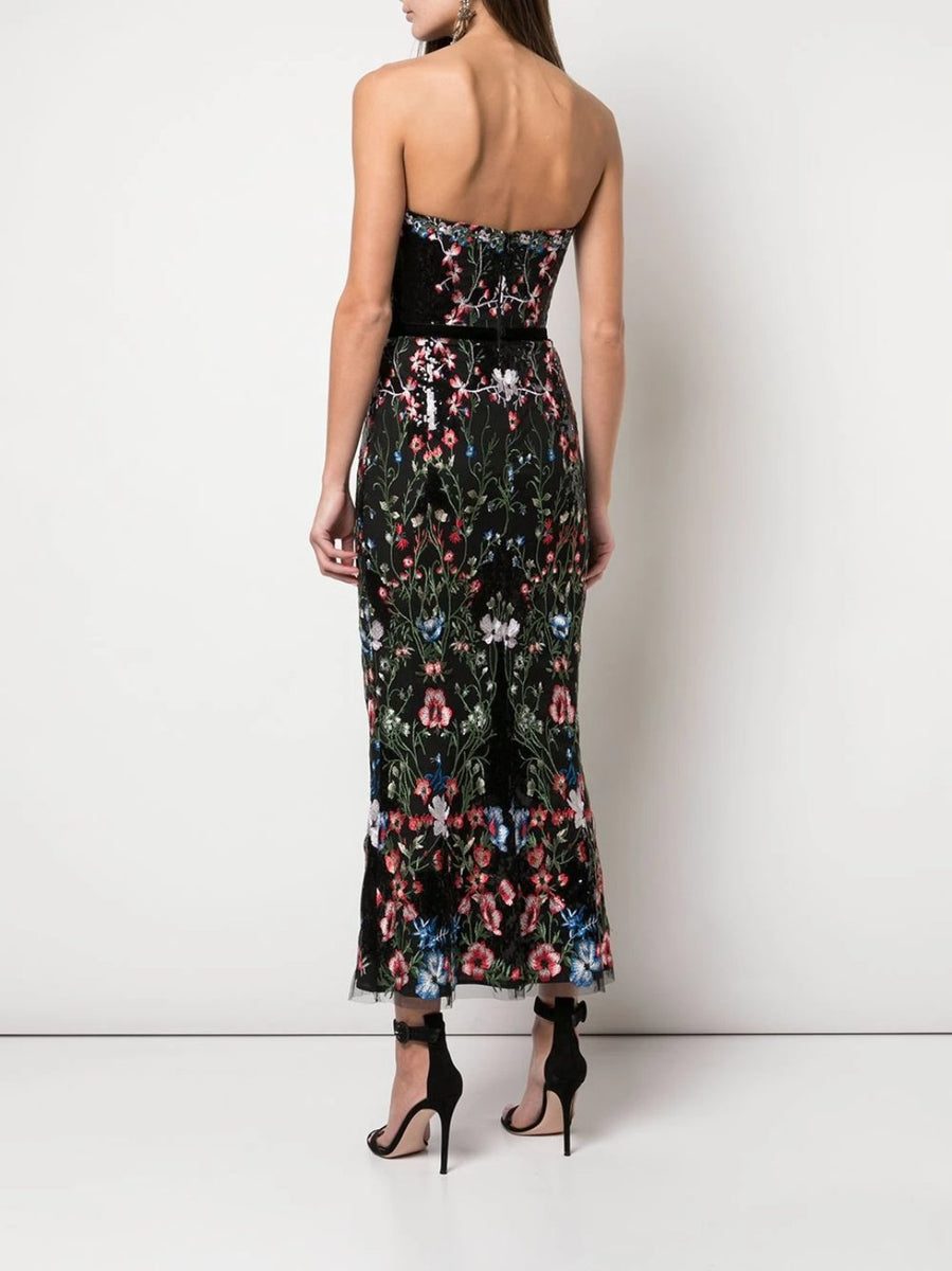 Strapless Sequin Embellished Tea-Length Dress – Marchesa