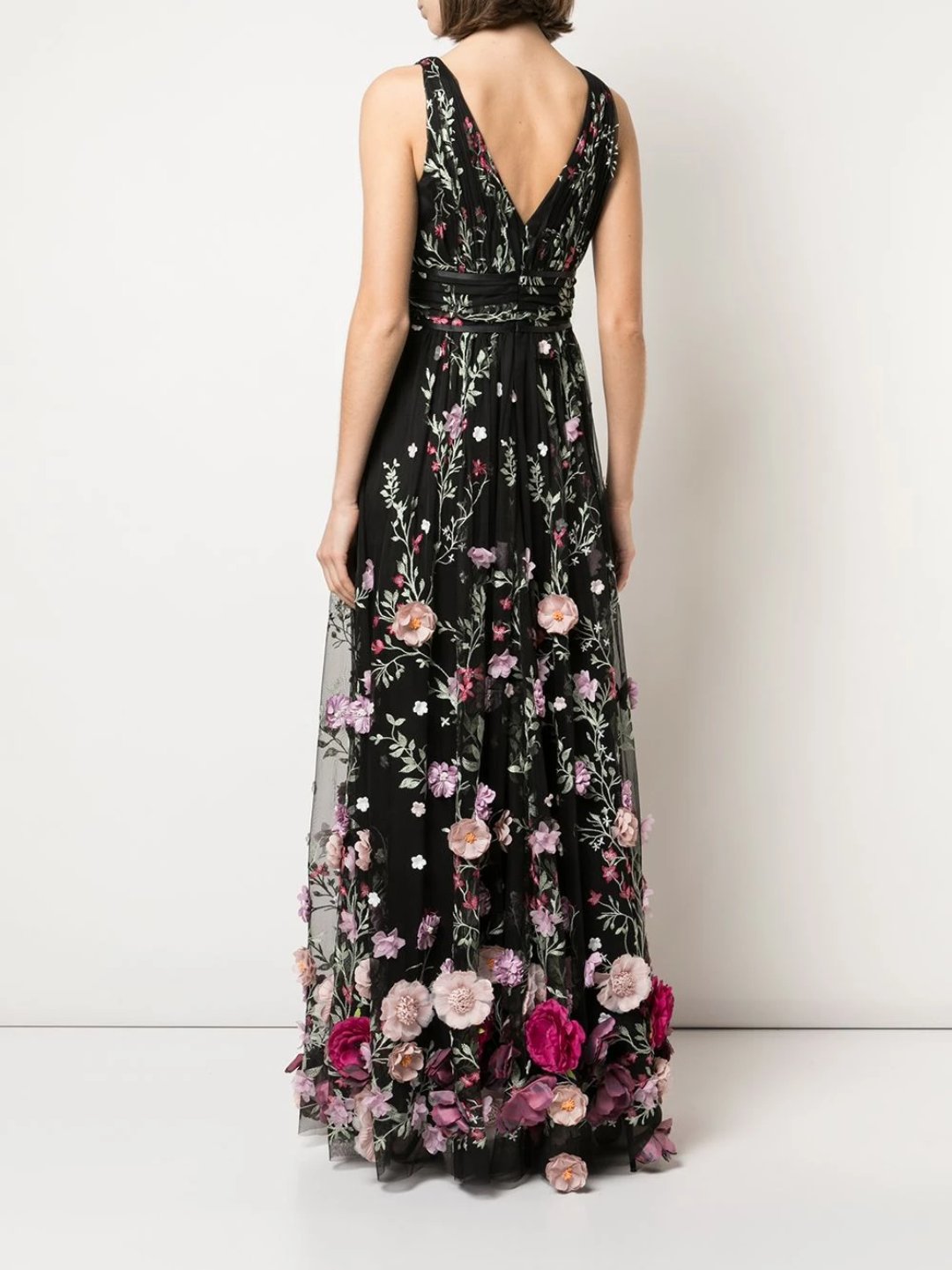 V-Neck Sleeveless 3D Floral Embroidered Gown – Marchesa