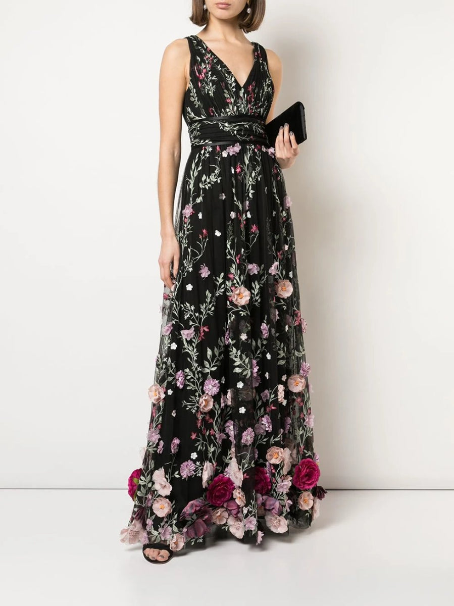 V-Neck Sleeveless 3D Floral Embroidered Gown – Marchesa