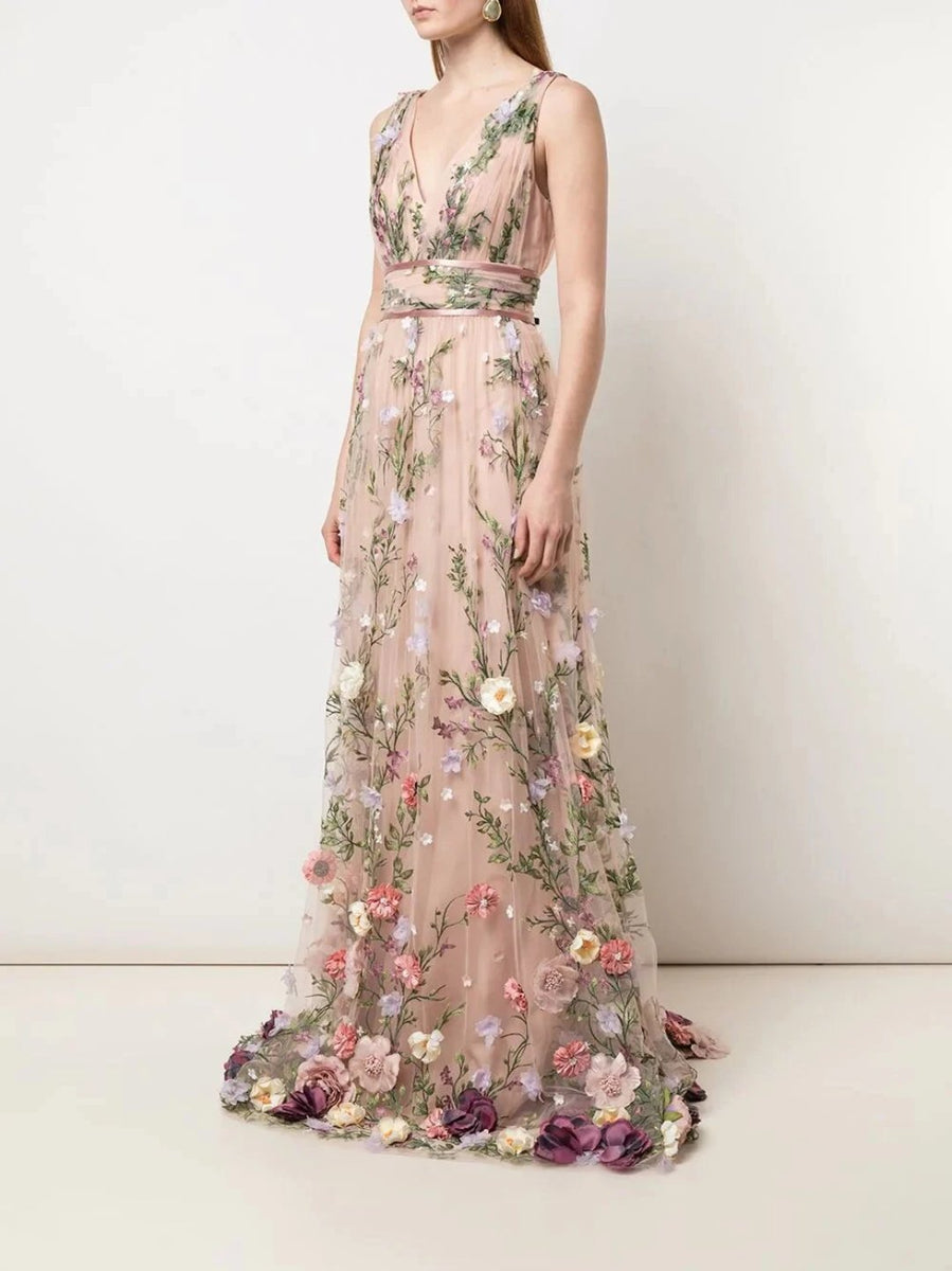 V-Neck 3D Floral Embroidered Gown – Marchesa
