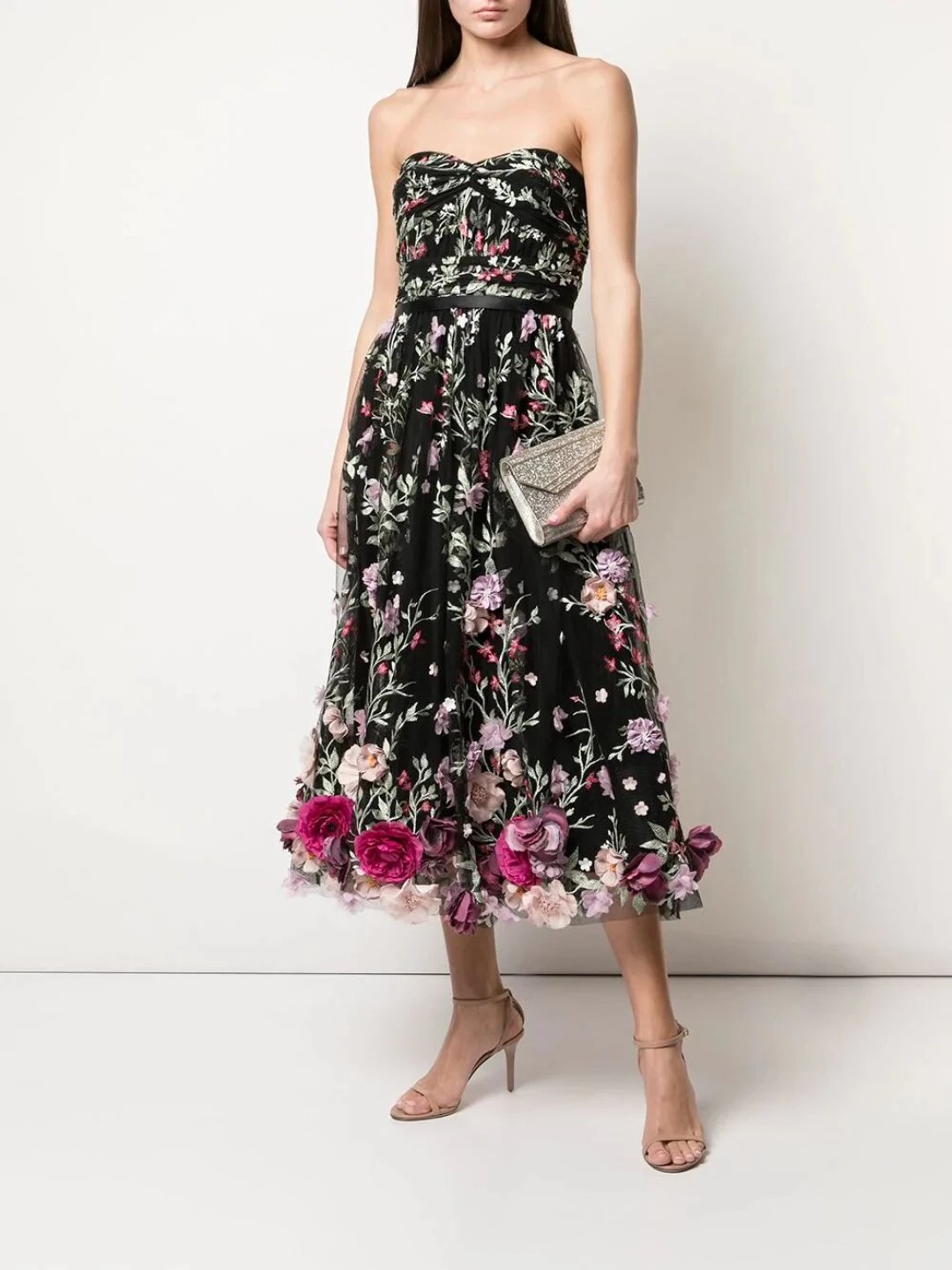 Strapless 3D Floral Embroidered Tea Length Dress – Marchesa