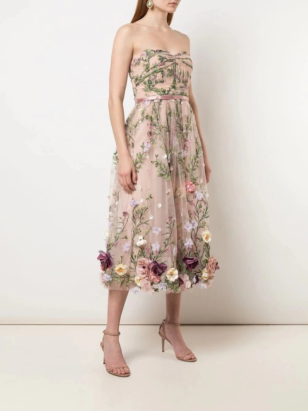 Strapless 3D Floral Embroidered Tea-Length Dress – Marchesa