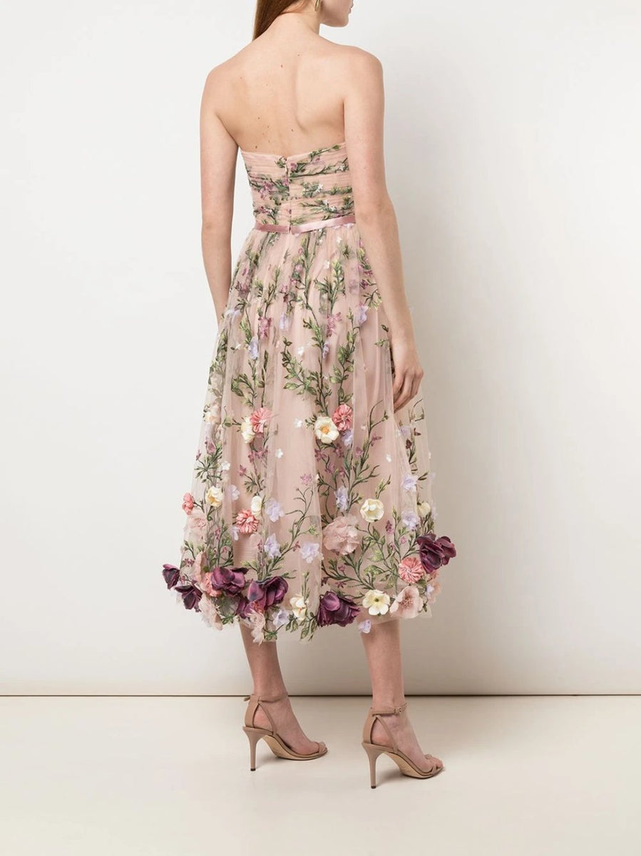 Strapless 3D Floral Embroidered Tea-Length Dress – Marchesa