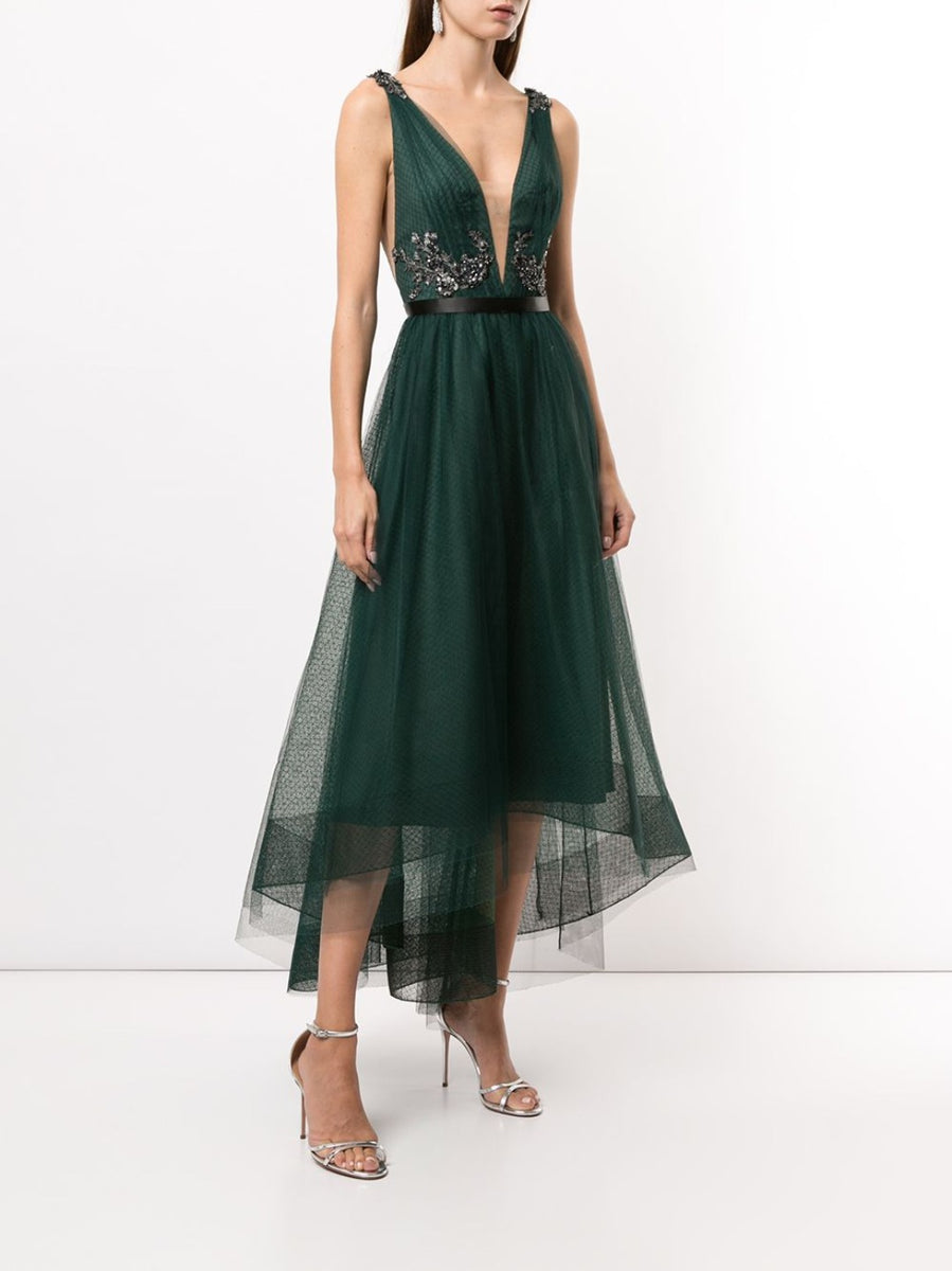 Sleeveless V-Neck High-Low Beaded Dress – Marchesa
