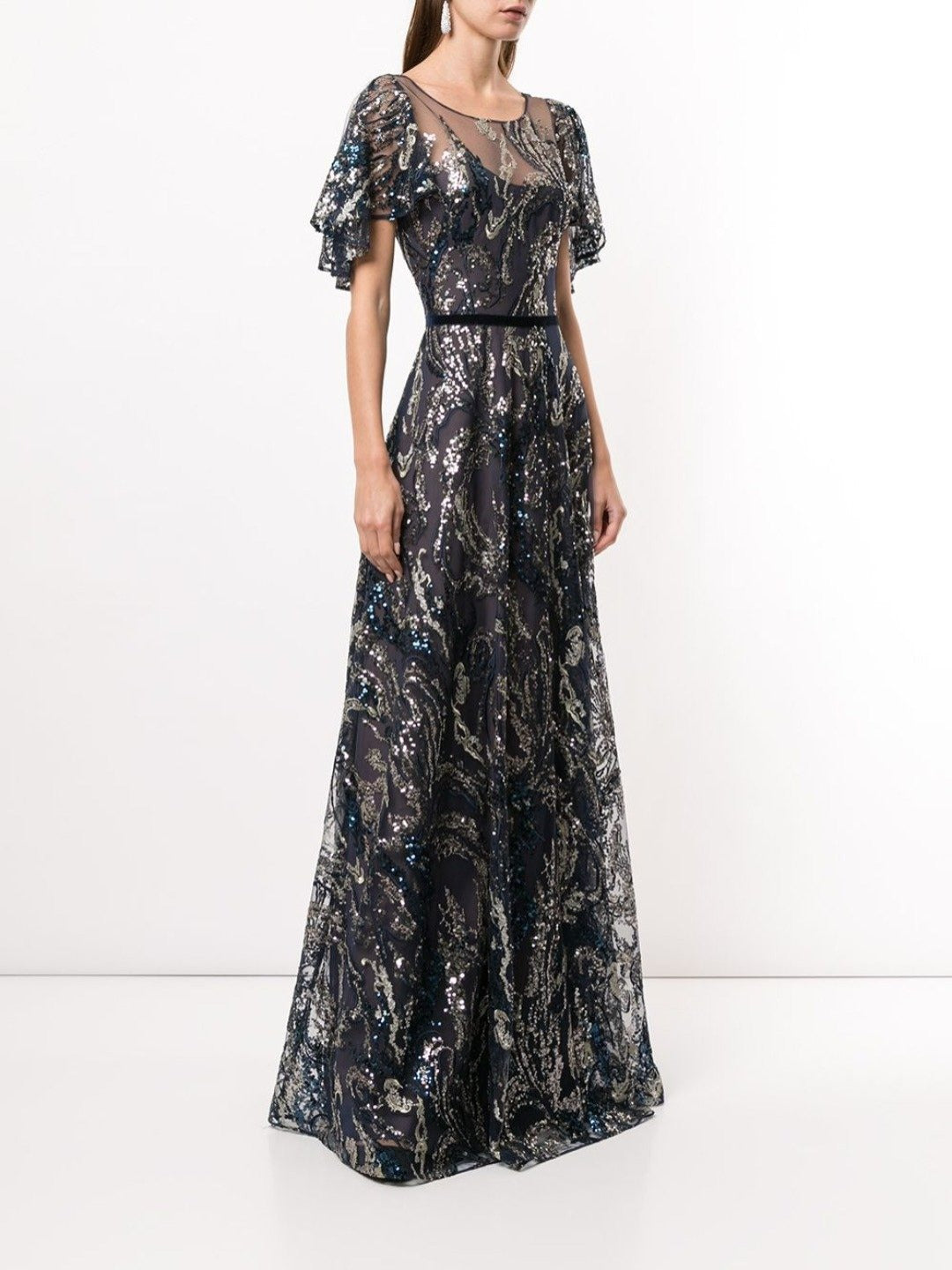 Sequin Draped Sleeves Gown Marchesa