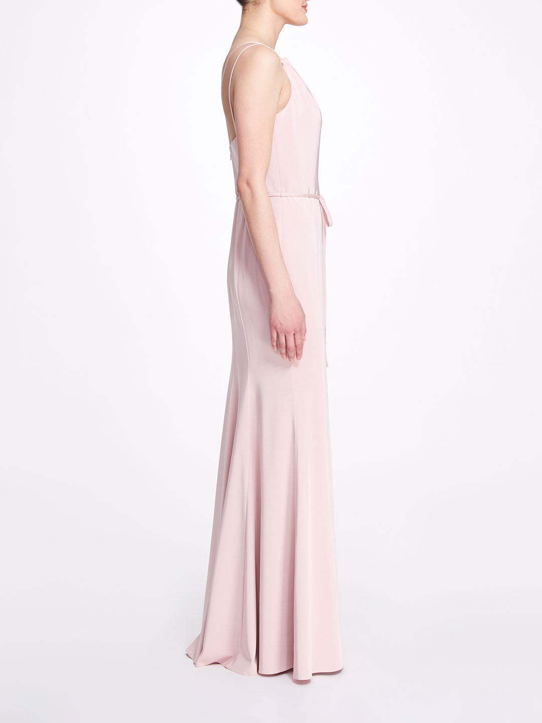 Pale Pink Blush Chiffon Keyhole Halter Neck Ruffle Gown – Marchesa