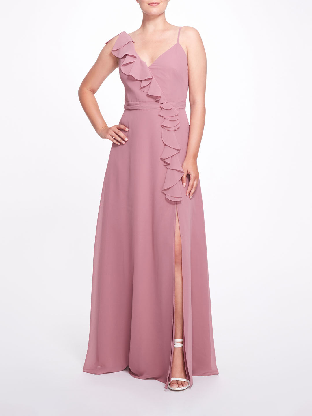 Pale Pink Blush Chiffon Keyhole Halter Neck Ruffle Gown – Marchesa