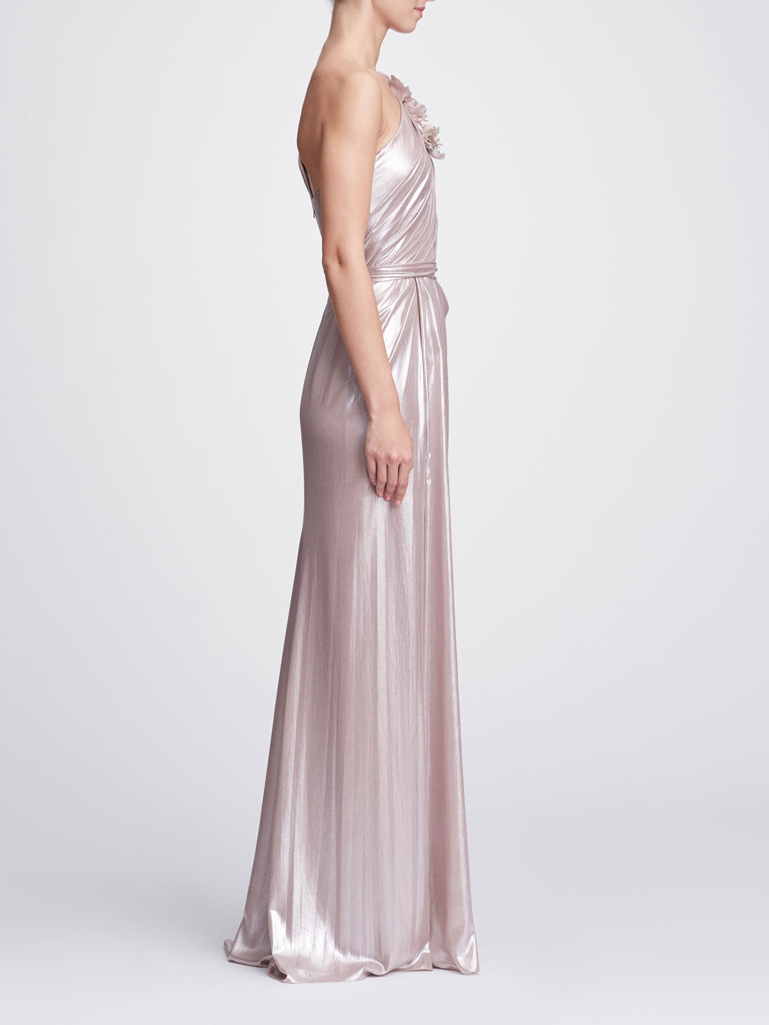 one shoulder draped gown