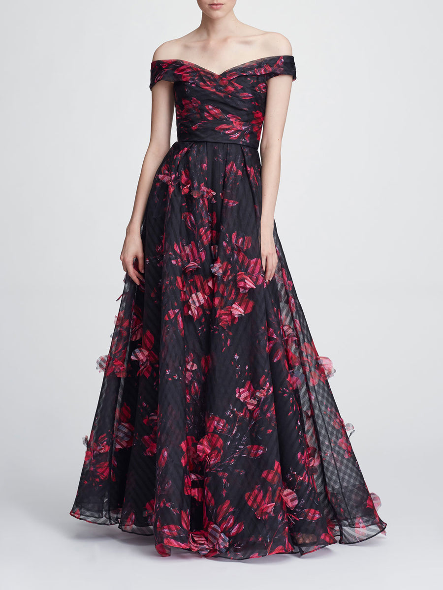 Off shoulder 3D floral gown | Shop Marchesa Notte