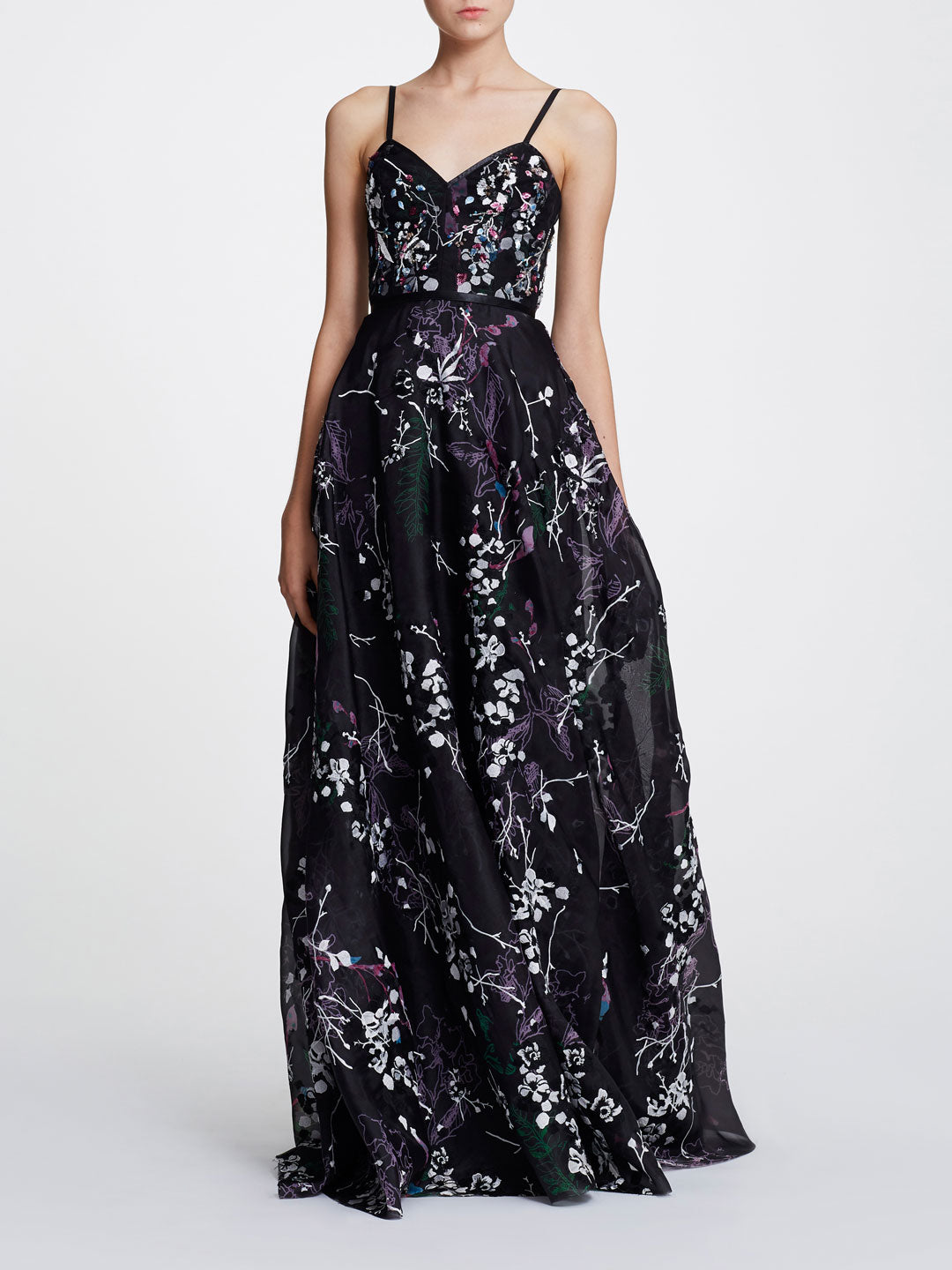 Sleeveless V-neck printed organza gown | Shop Marchesa Notte