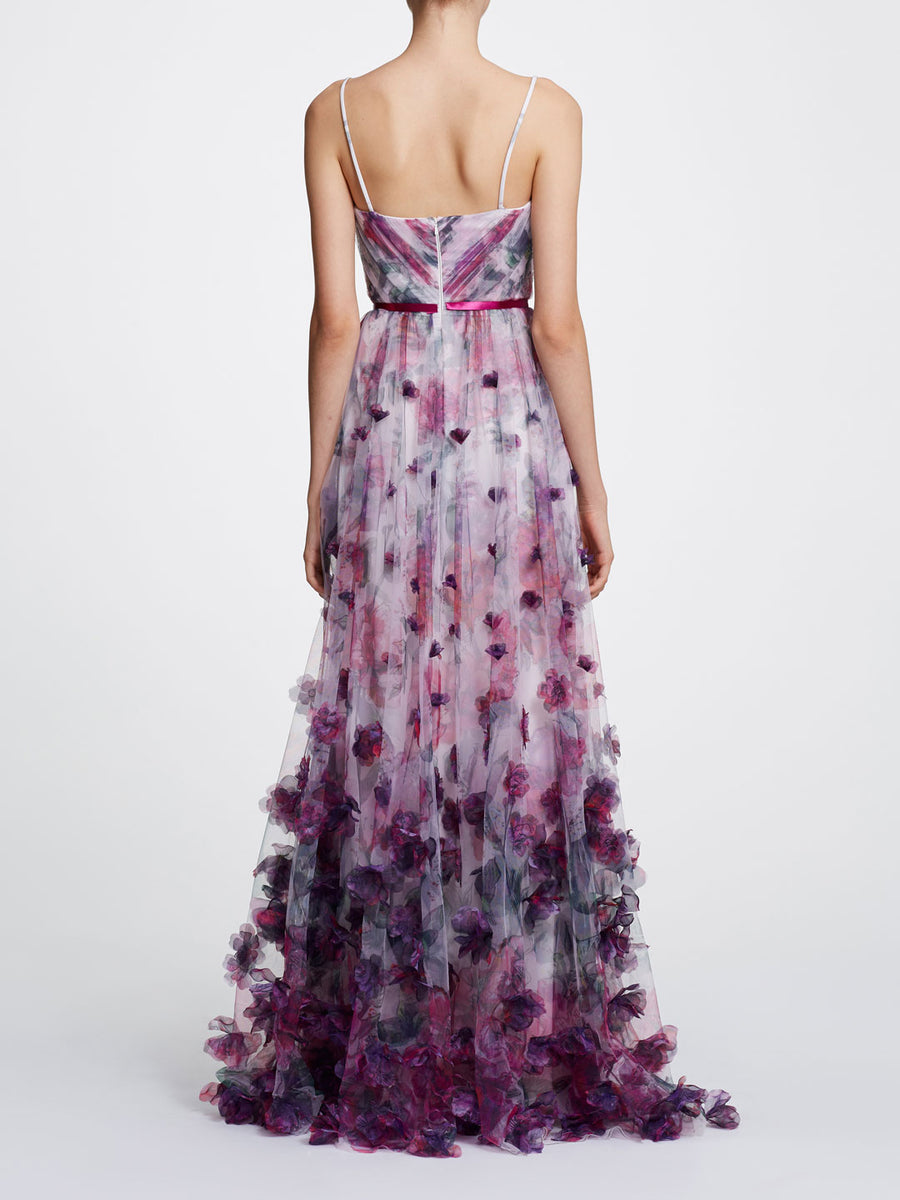 V-neck printed floral tulle gown | Shop Marchesa Notte