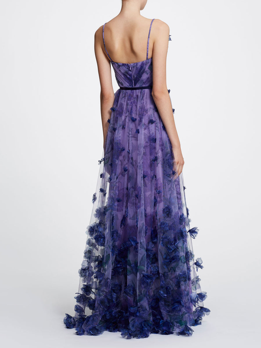 V-neck printed floral tulle gown | Shop Marchesa Notte