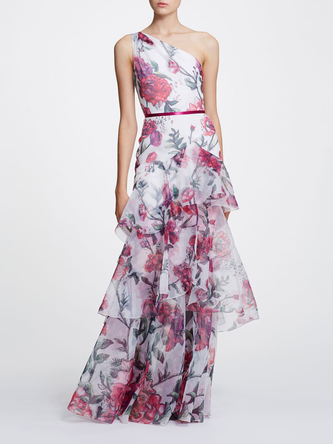 one shoulder floral gown