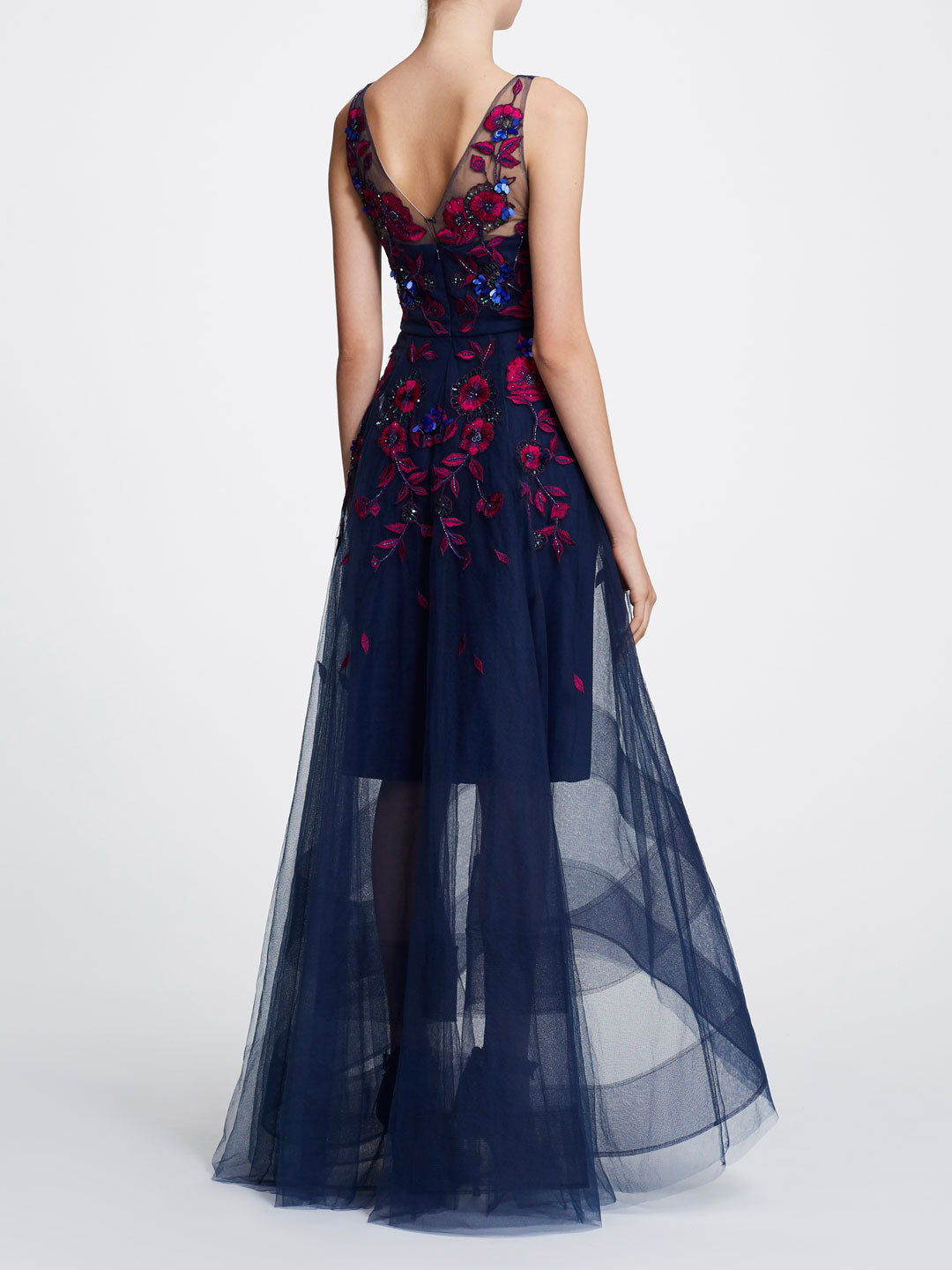 navy high low gown