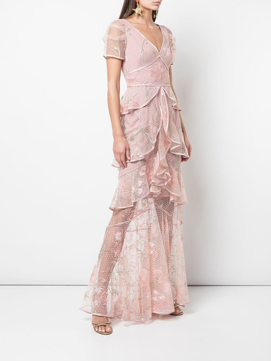 Ruffle Tiered Short Sleeve Gown | Shop Marchesa Notte