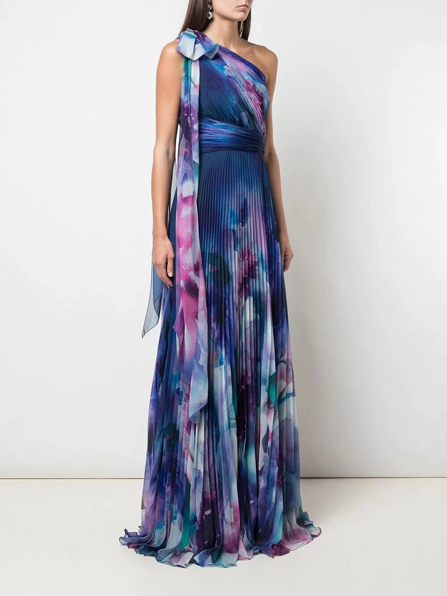 One Shoulder Draped Floral Print Chiffon Gown | Shop Marchesa Notte
