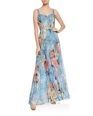 Floral Print Pleated Gown Marchesa
