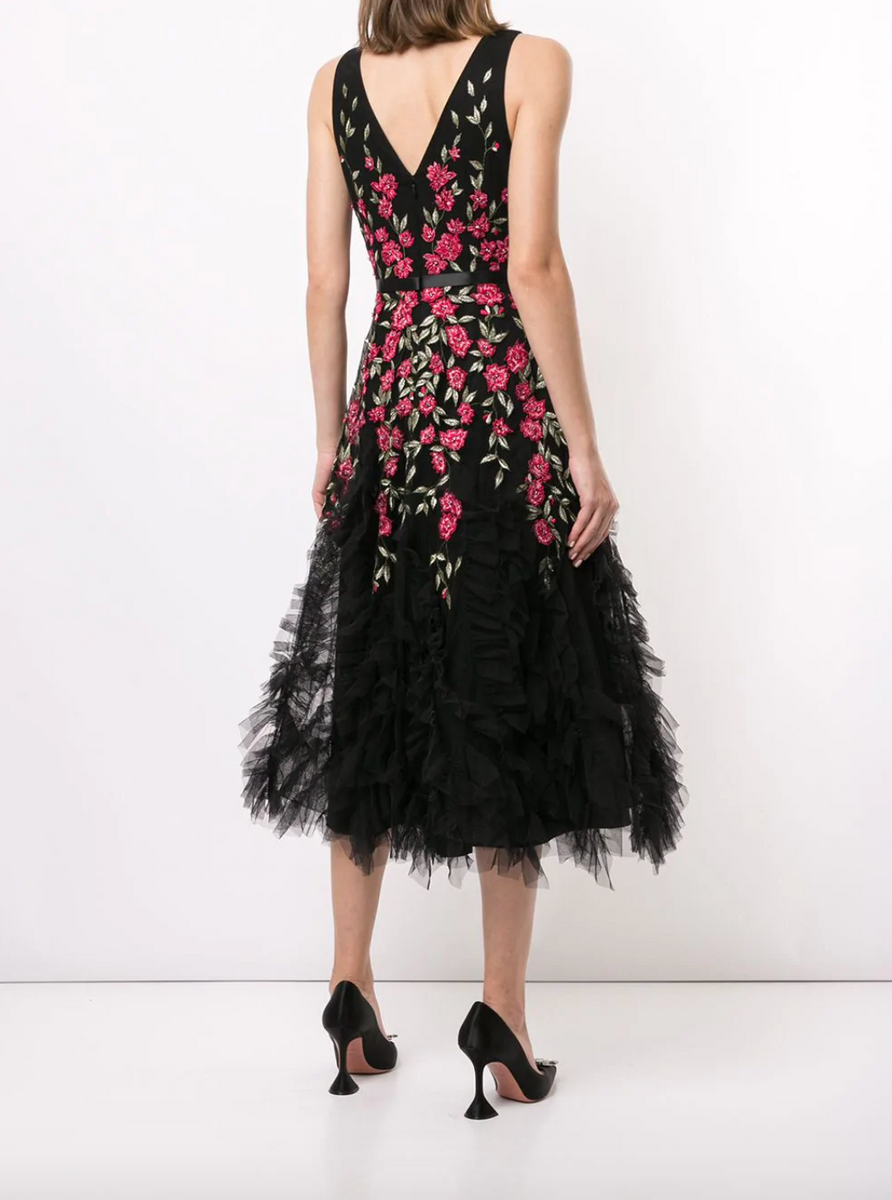 Beaded Embroidered Tea Length Tulle Dress Marchesa 1226