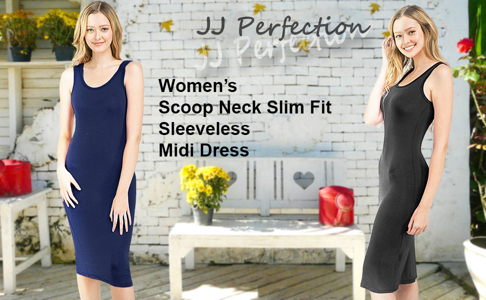 JJ Perfection Womens Scoop Neck Slim Fit Sleeveless Stretchy Tank Midi Dress