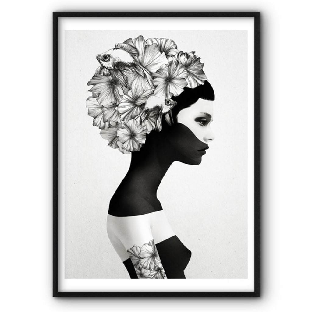 Fish And Flower Head Woman Art Canvas Print Wall Art Poster