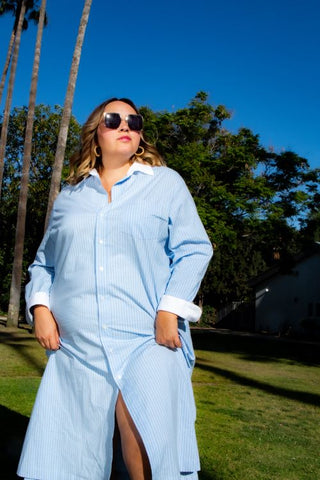 woman in blue shirtdress