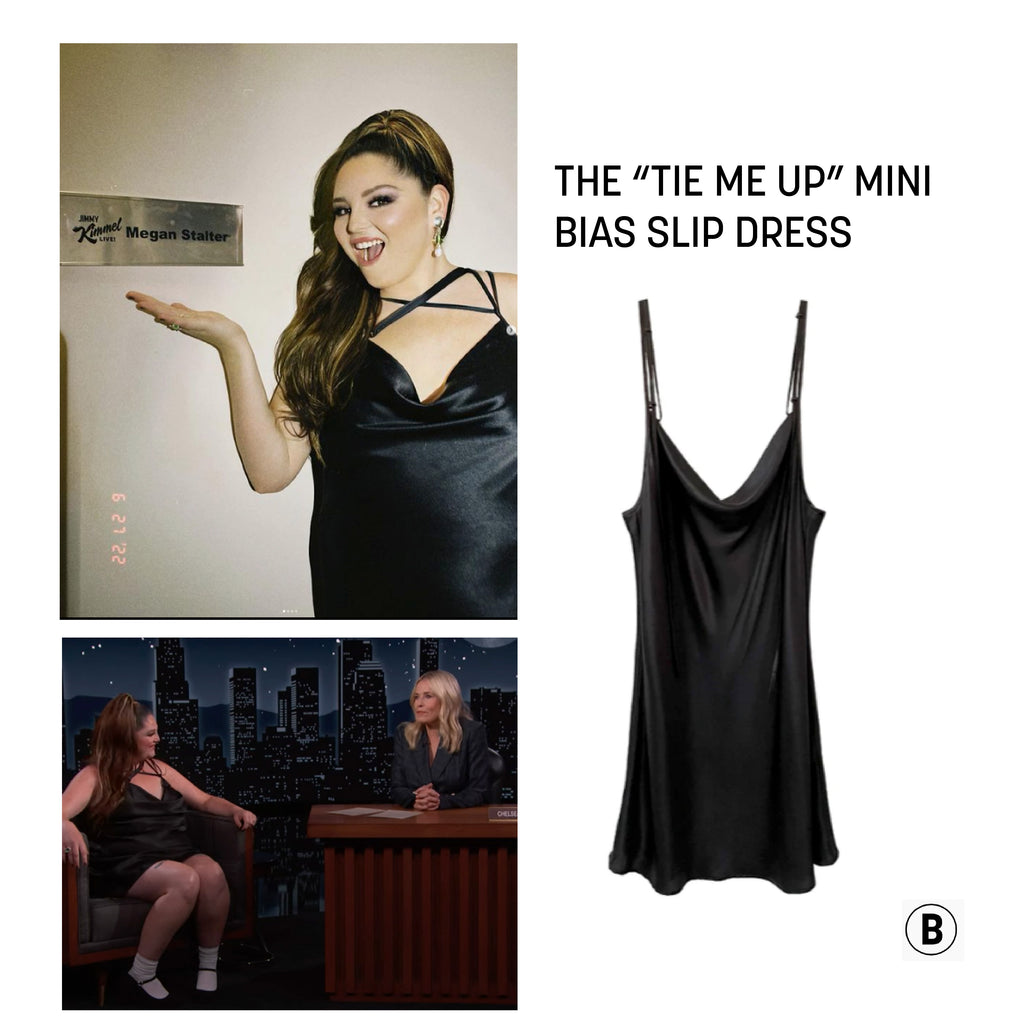 Megan Stalter Wearing BAACAL "Tie Me Up" Bias Slip Dress