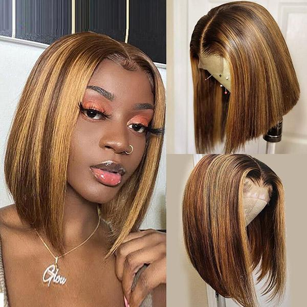 Highlight Color Straight Short Bob Wigs 4x4 Lace Closure Wig