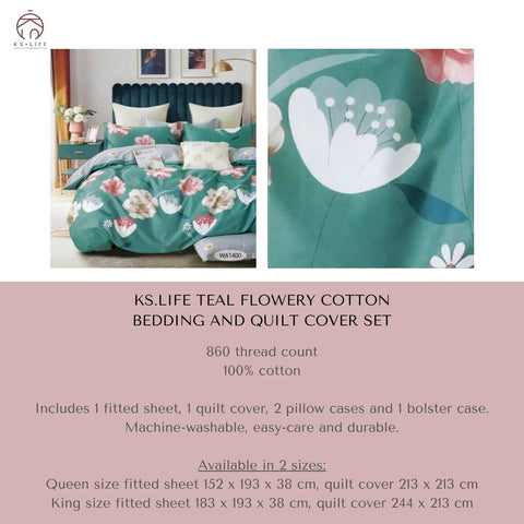 teal turquoise flowery floral beddig and quilt cover set details