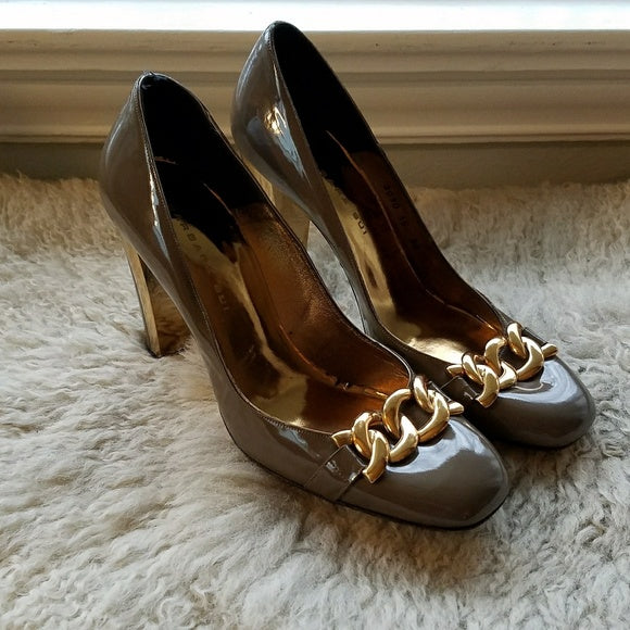 taupe patent leather pumps