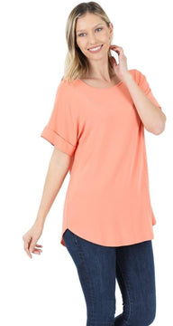 ROLLED SHORT SLEEVE HI LOW HEM TOP