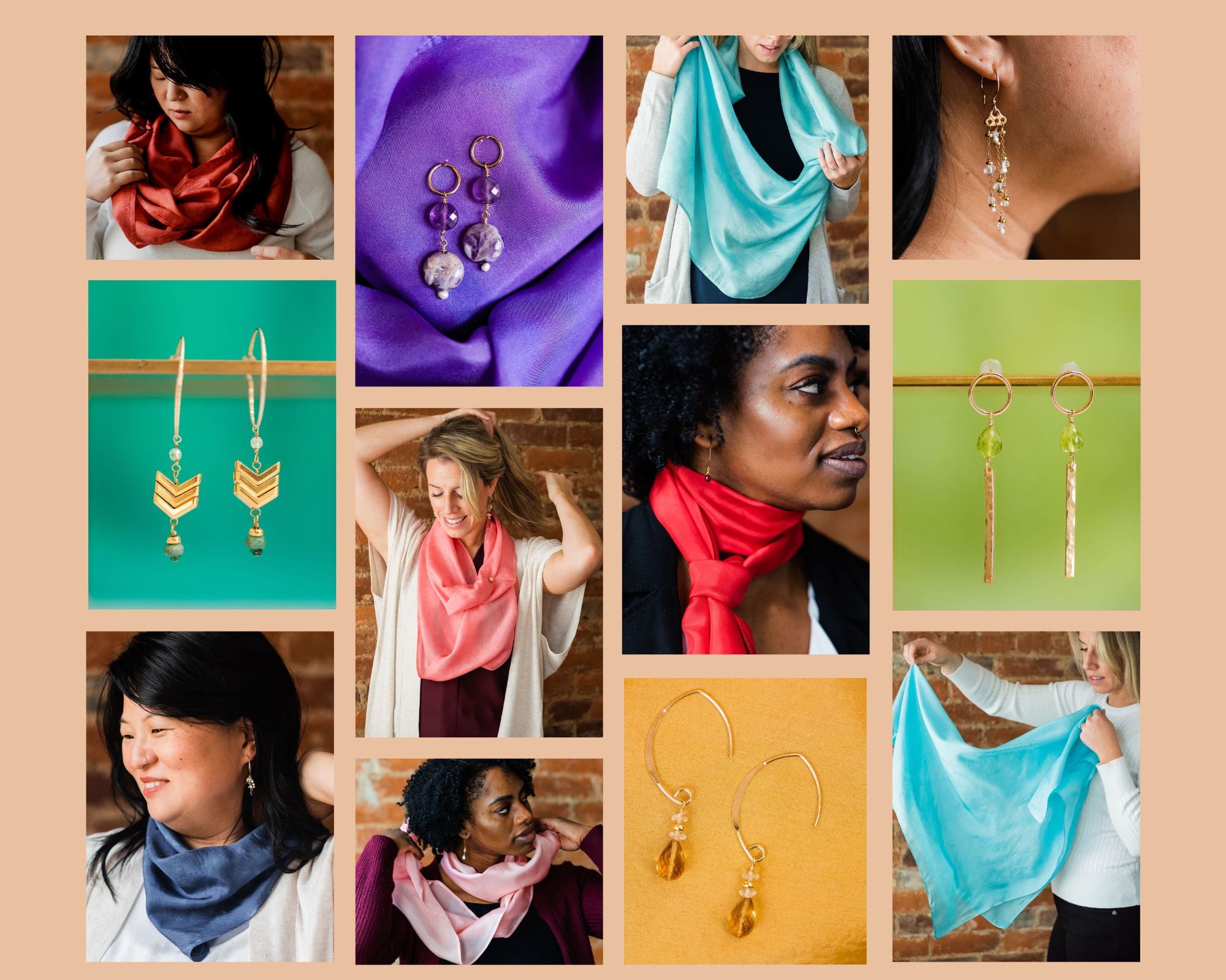 collage of mid 30s women wearing colorful silk scarves and birthstone earrings