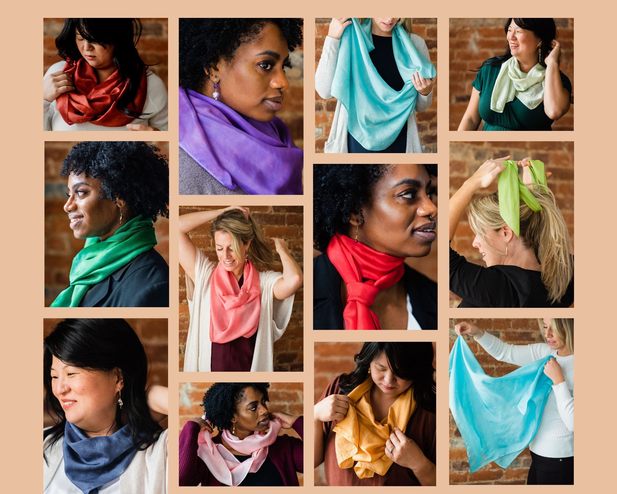 collage of mid 30s women wearing colorful silk scarves and birthstone earrings