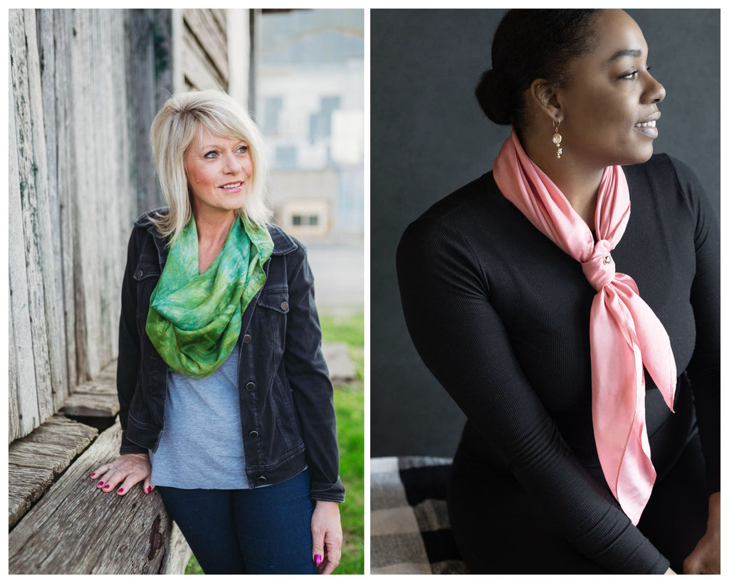 collage of two women wearing large square silk scarves. One in her 60s with bleached hair, wearing a jacket, t-shirt, jeans and a green silk scarf. The other is a young Black woman with her hair pulled back into a bun, wearing all black except for a rose pink silk scarf.
