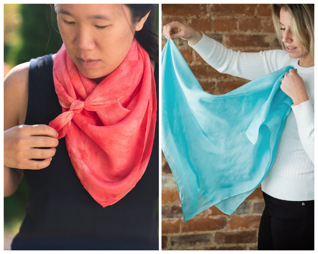 collage of two women with large square silk scarves. One is Chinese American, wearing a black tank and a peach silk scarf. The other is a white woman holding a large blue silk scarf out in front of her to make a triangle.