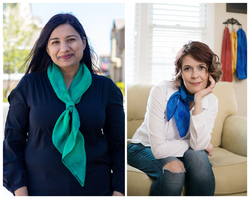 Collage of an Indian woman with long, straight black hair standing outside, looking at the camera and smiling wearing black and a green silk scarf, and a white woman sitting on a couch with short auburn hair wearing a white shirt, jeans and a blue silk scarf.