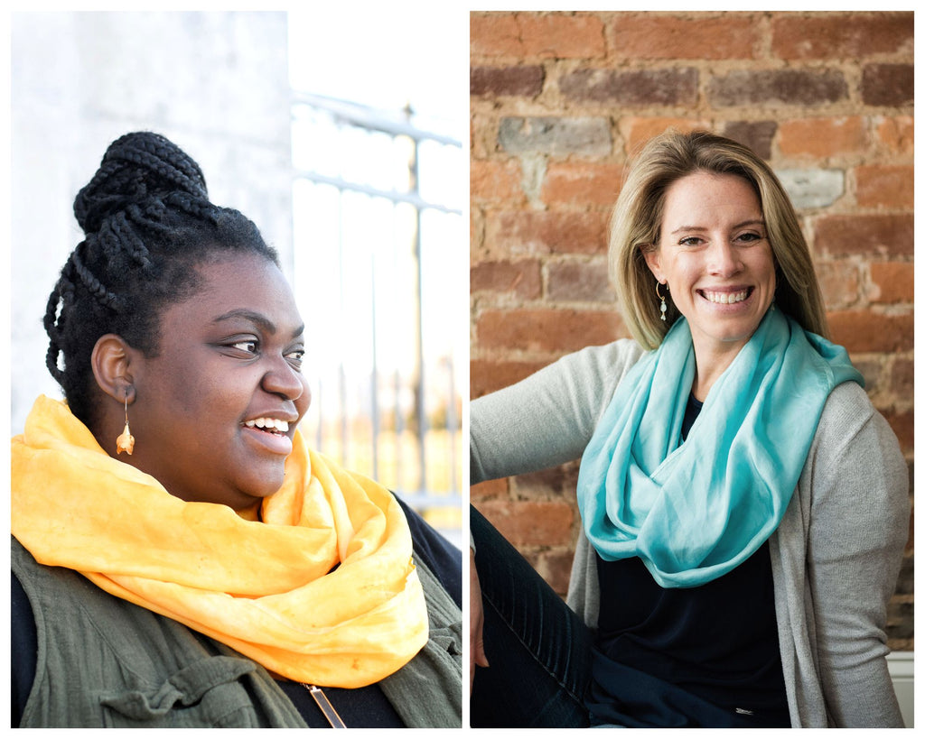 Collage of women wearing large silk infinity scarves.  One is a Black woman with her hair in braids and pulled into a bun at the top of her head, wearing a bright gold silk infinity scarf with a green vest and black shirt. The other is a white woman with long brown-blond hair wearing a blue silk infinity scarf, a gray sweater and a black shirt.