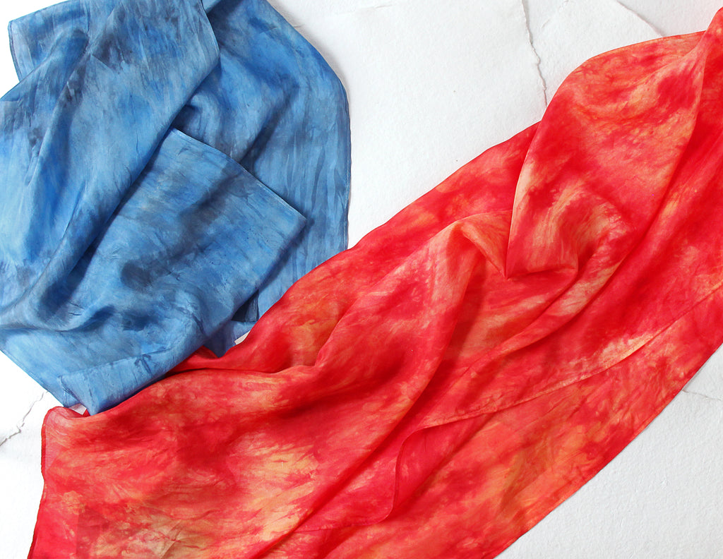 blue silk scarf and red silk scarf
