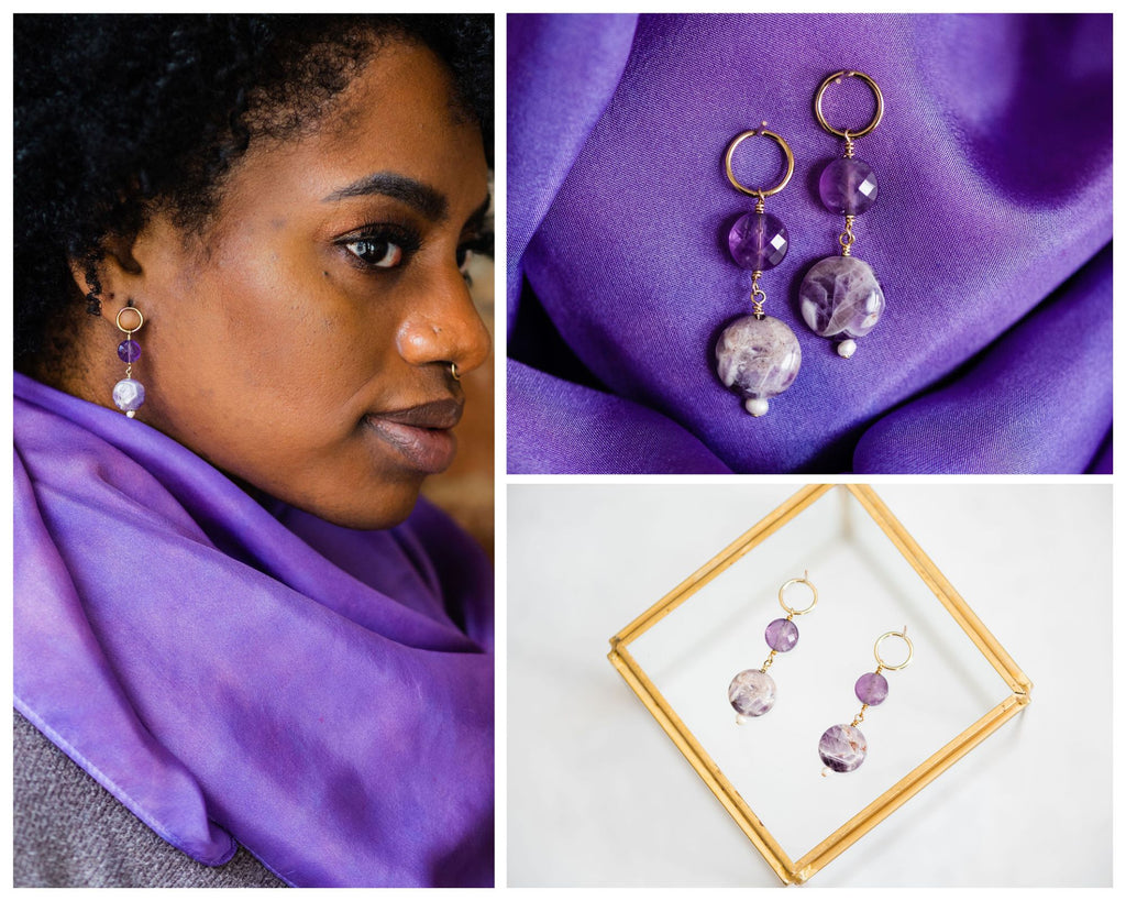 Collage featuring profile of Black woman with coiled hair cropped around her face, wearing amethyst earrings and crocus purple silk scarf. Also close ups of amethyst earrings, one on a purple silk backdrop and one on the top of a glass box with gold edges.