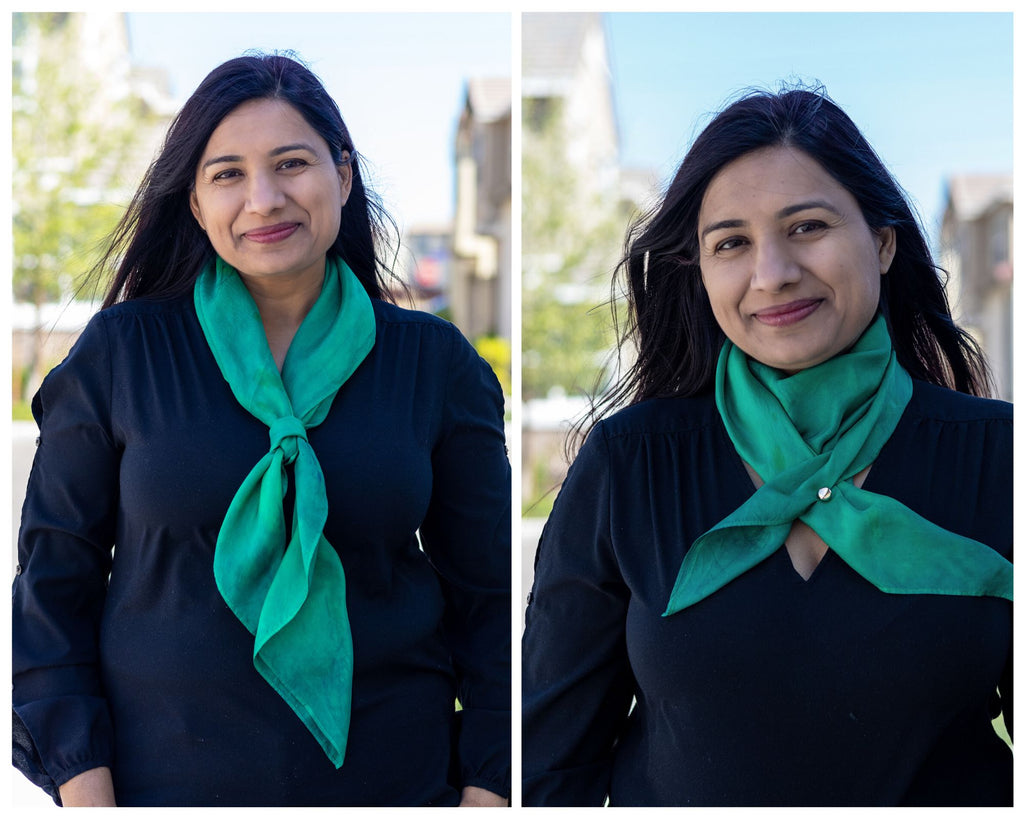 Two photos of an Indian woman with long black hair and a black blouse.  She's wearing an emerald green square silk scarf tied loosely around her neck with the tails trailing down her front in one photo, and wrapped closely around her neck and secured with a scarf magnet in the other photo