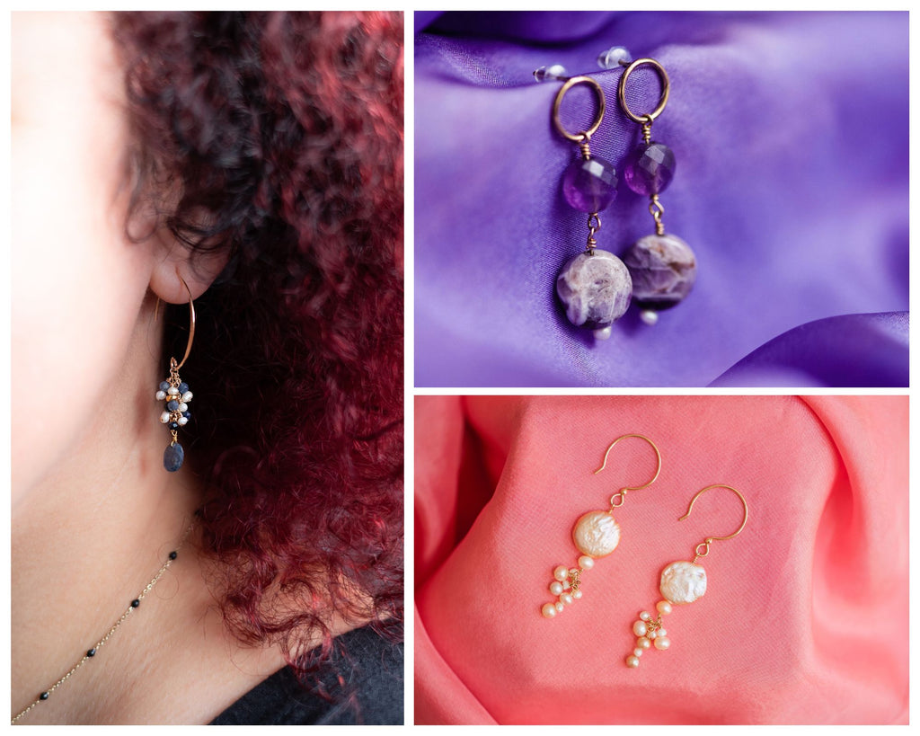 Collage of earring close ups.  Sapphire drop earrings worn by Afro-cubano woman with hair tinted red, amethyst drop earrings angled a little to the side over purple silk scarf, and pearl earrings laid flat against rose pink silk scarf.