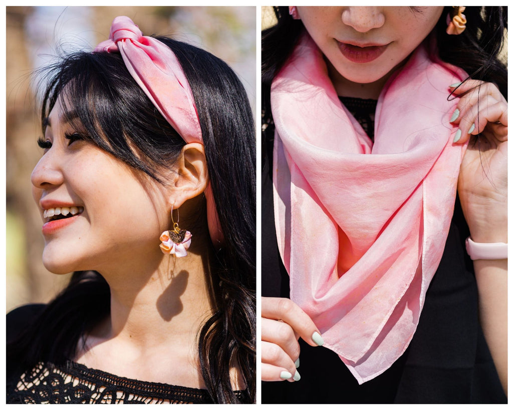 Two photos of a Chinese American young woman with long black hair and long bangs, wearing a shell pink square scarf as a headband in one and as an oversized bandana around her neck in the other.