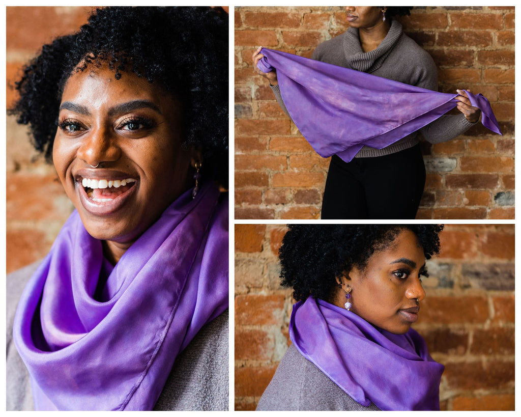Collage of photos featuring a Black woman with coiled hair framing her face, wearing a crocus purple silk scarf around her neck in two photos and holding the scarf in front of her in a triangle shape in the third photo.