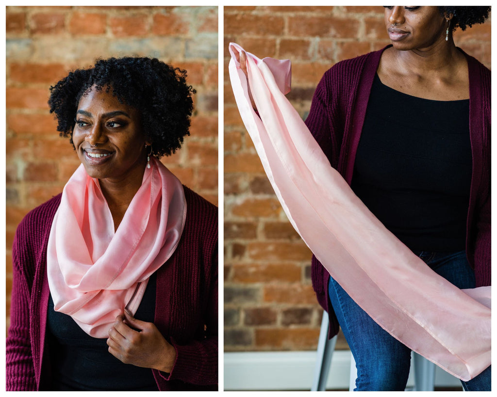 Photo collage of Black woman with short, full hair in curls wearing a magenta open front sweater, black shirt and jeans wearing 11x76 inch silk infinity scarf in one photo and holding it up in front of her to show the size in the other photo