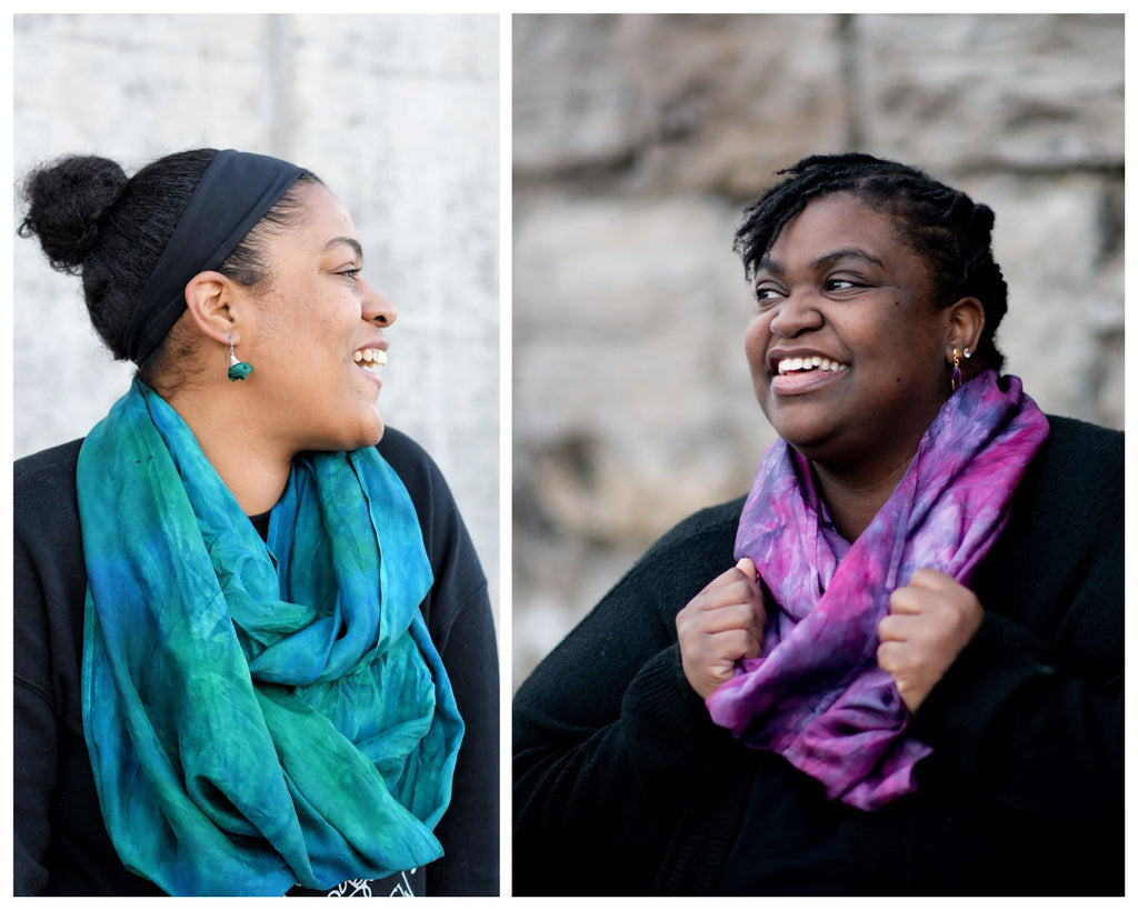 Collage of photos - the first photo is a black woman with tightly coiled hair pulled back into a puff, wearing a black sweater and an extra wide green silk infinity scarf.  The second photo is a black, plus sized woman with her hair in short twists, wearing a black sweater and a pink and purple extra large silk infinity scarf.