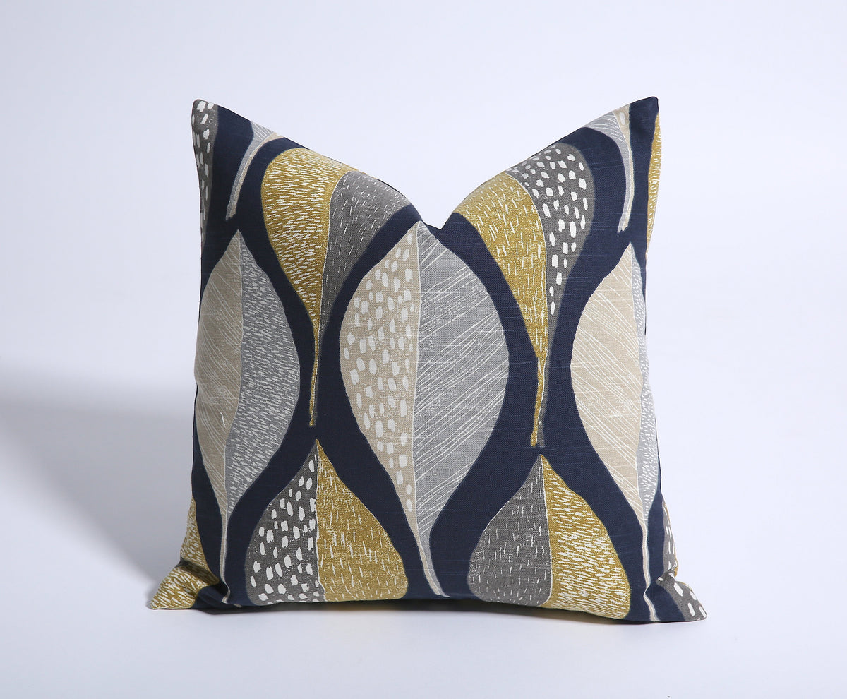 Modern Leaf Pillow Cover / Grey Gold Navy Pillow / Navy Leaf Pillow