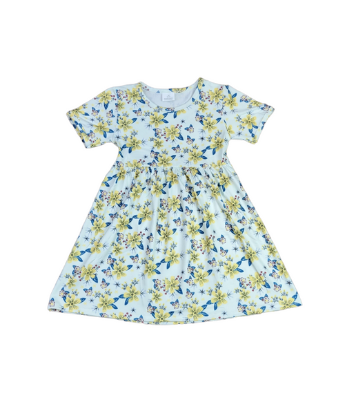 Yellow Floral Short Sleeve Milk Silk Dress - Great Lakes Kids Apparel LLC