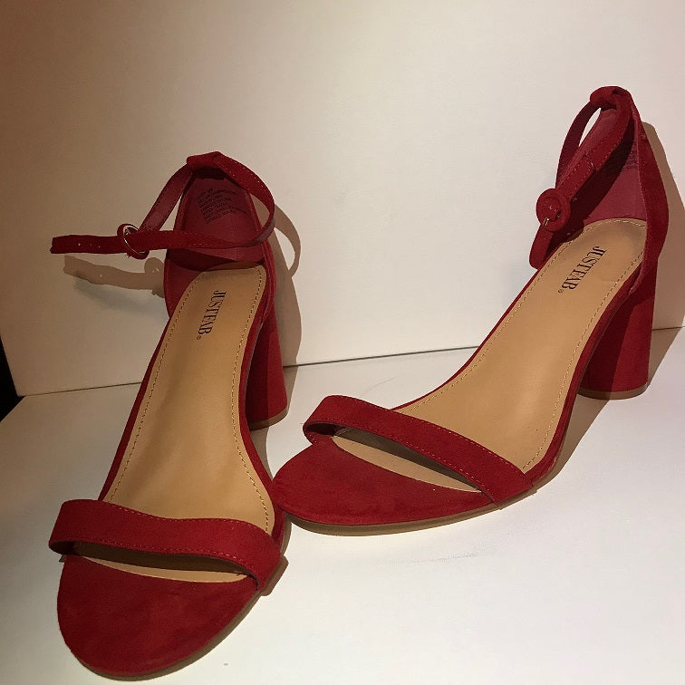 red strappy block heels