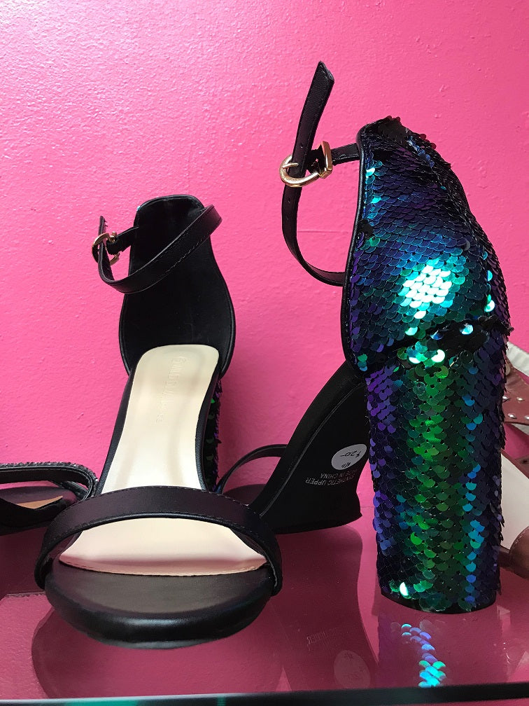 multi color sequin heels