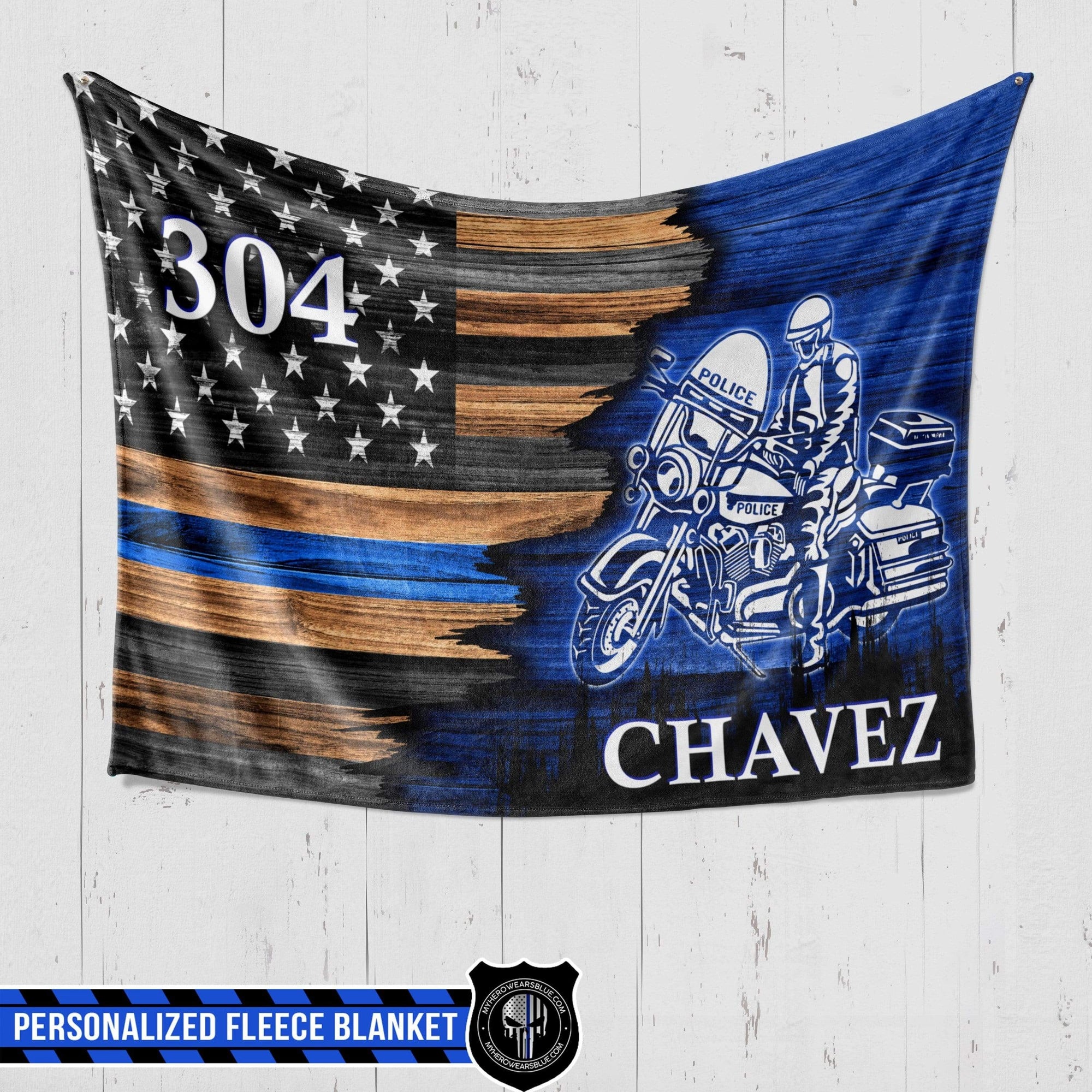 Personalized Fleece Blanket Half Thin Blue Line Flag Motorcycle Officer My Hero Wears Blue